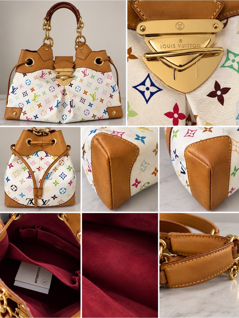 Louis Vuitton Multicolor Monogram White & Tan Canvas Drawstring Satchel